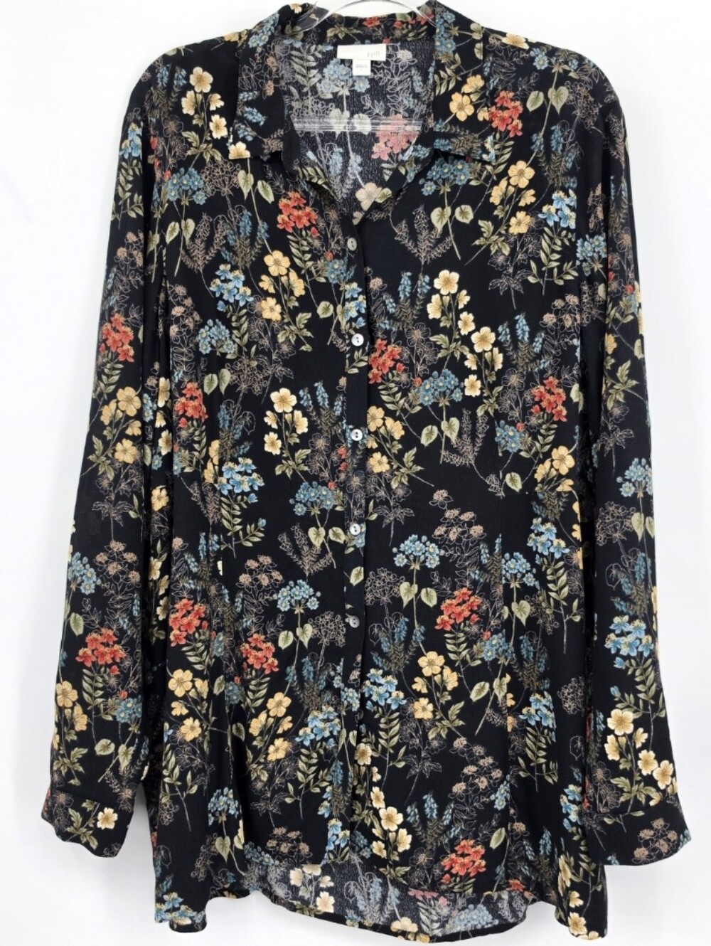 J. Jill Long Sleeve Button Front Shirt Floral Tunic Large Black Rayon